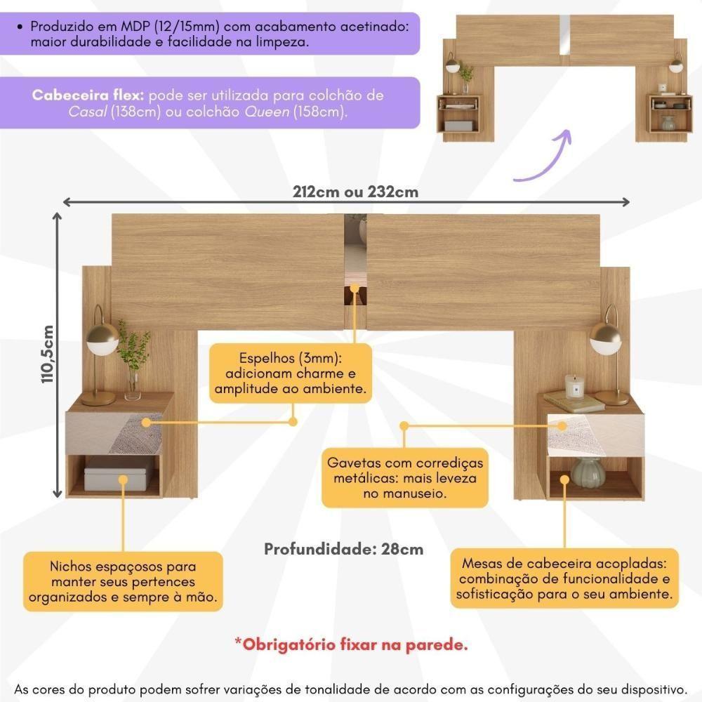 Cabeceira Casal/queen Com Espelhos E 2 Mesas De Cabeceira 232cm Multimóveis Mp4326 Madeirado Madeirado - 5