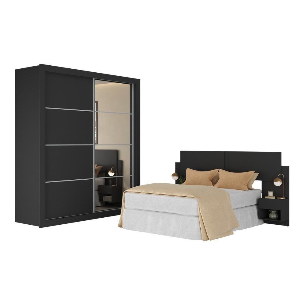 Guarda Roupas Casal Espelho E Cabeceira Com 2 Mesas De Cabeceira Multimóveis MP4327 Preto - 2
