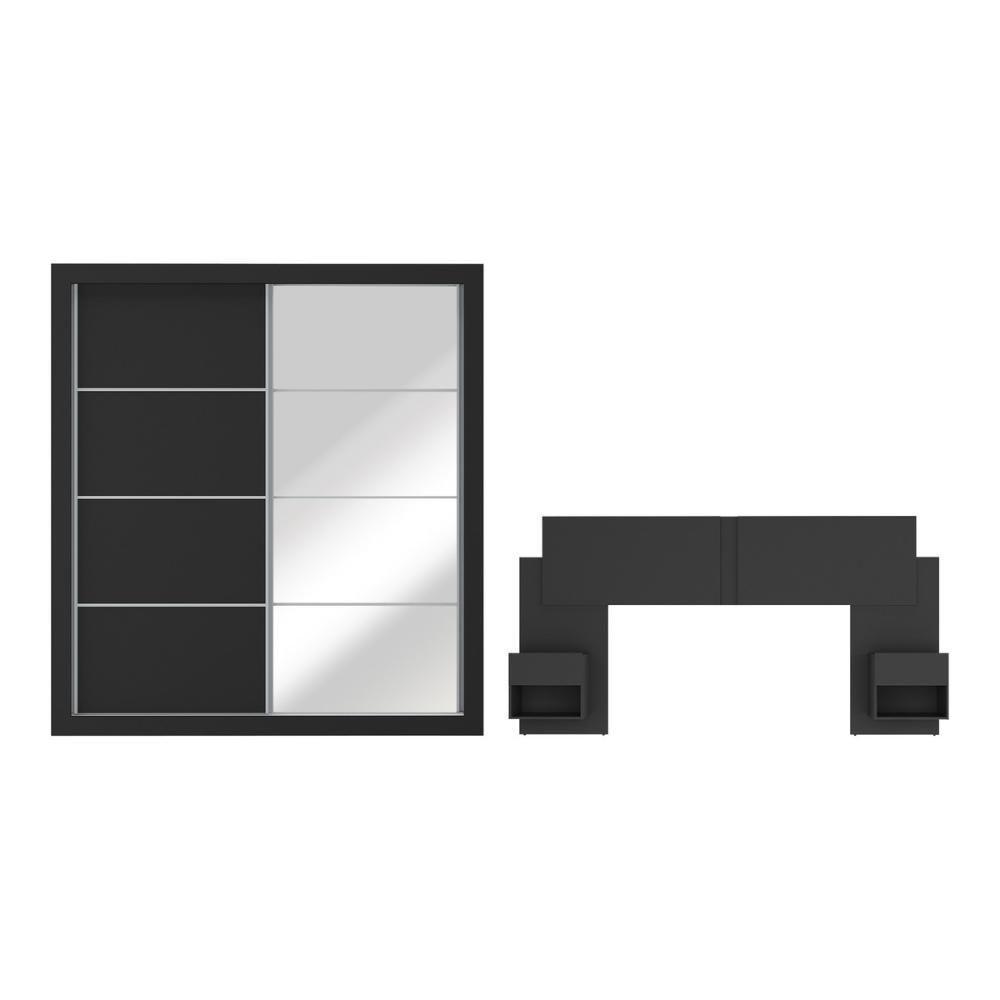 Guarda Roupas Casal Espelho E Cabeceira Com 2 Mesas De Cabeceira Multimóveis MP4327 Preto - 3