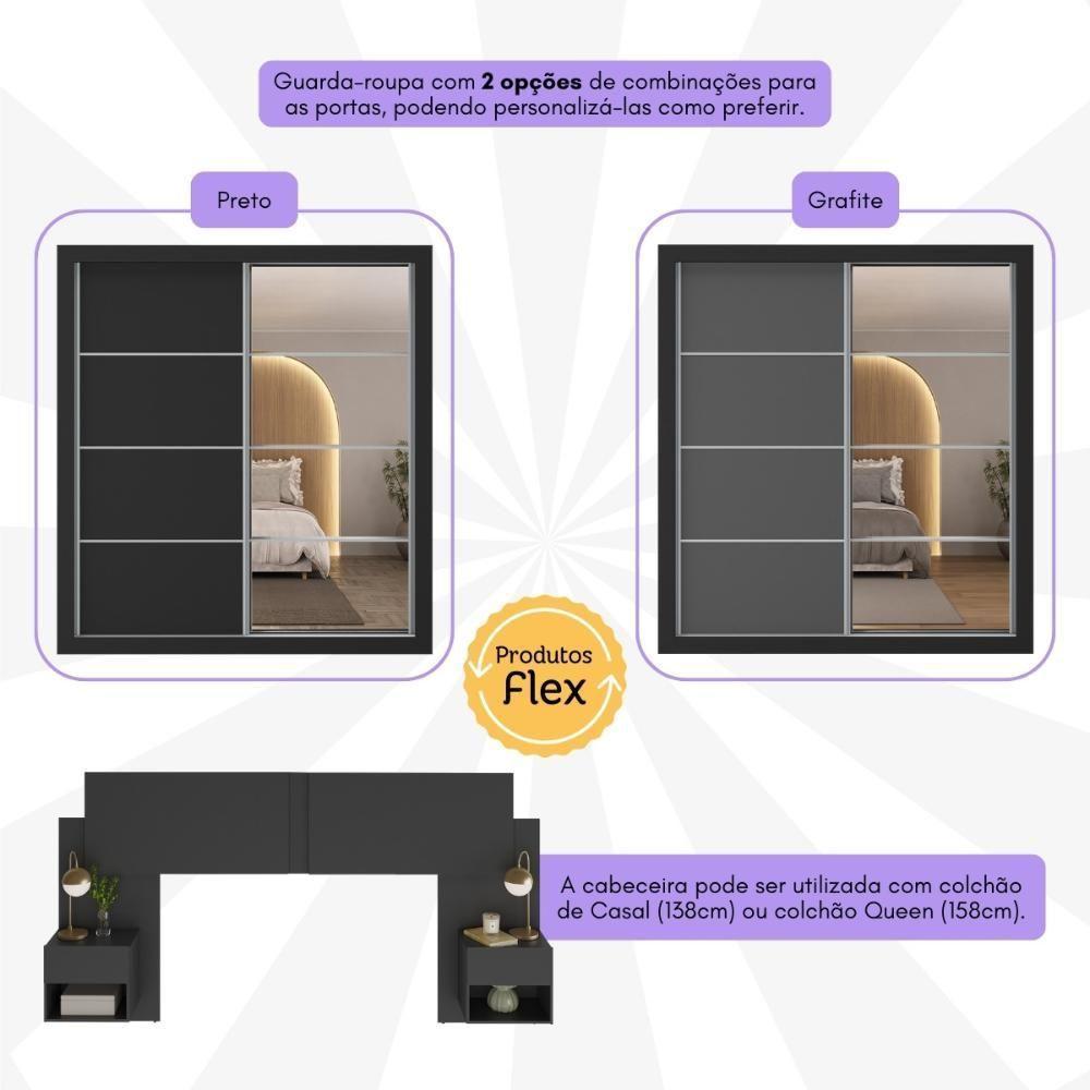 Guarda Roupas Casal Espelho E Cabeceira Com 2 Mesas De Cabeceira Multimóveis MP4327 Preto - 4