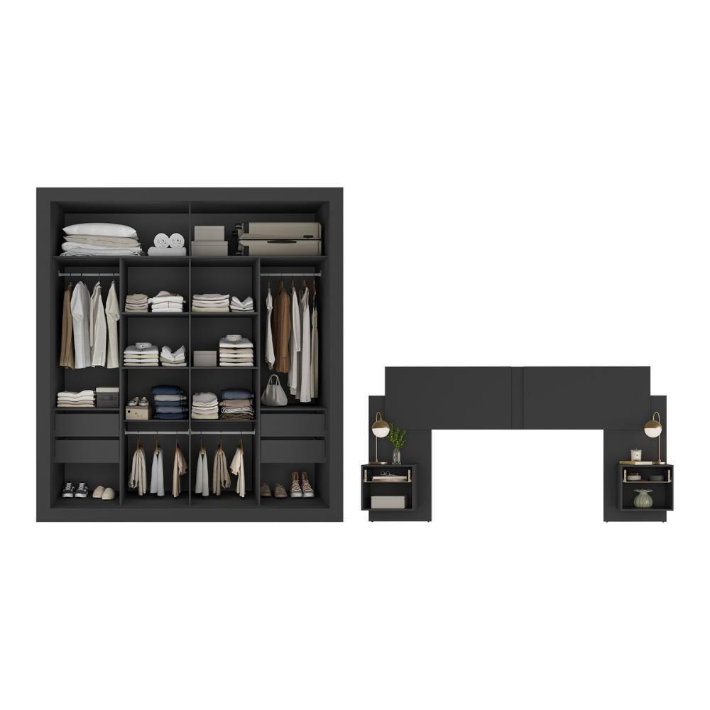 Guarda Roupas Casal Espelho E Cabeceira Com 2 Mesas De Cabeceira Multimóveis MP4327 Preto - 5