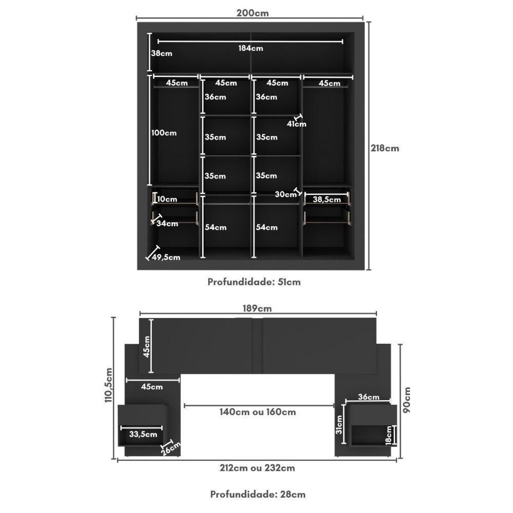Guarda Roupas Casal Espelho E Cabeceira Com 2 Mesas De Cabeceira Multimóveis MP4327 Preto - 6