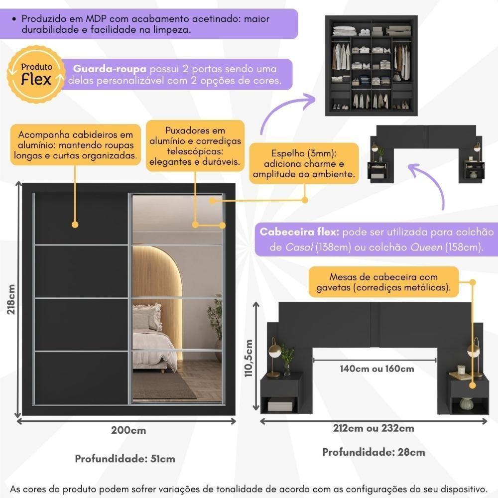 Guarda Roupas Casal Espelho E Cabeceira Com 2 Mesas De Cabeceira Multimóveis MP4327 Preto - 7