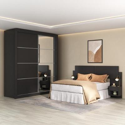 Guarda Roupas Casal Espelho E Cabeceira Com 2 Mesas De Cabeceira Multimóveis MP4327 Preto