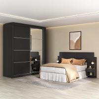 Guarda Roupas Casal Espelho E Cabeceira Com 2 Mesas De Cabeceira Multimóveis MP4327 Preto - 1