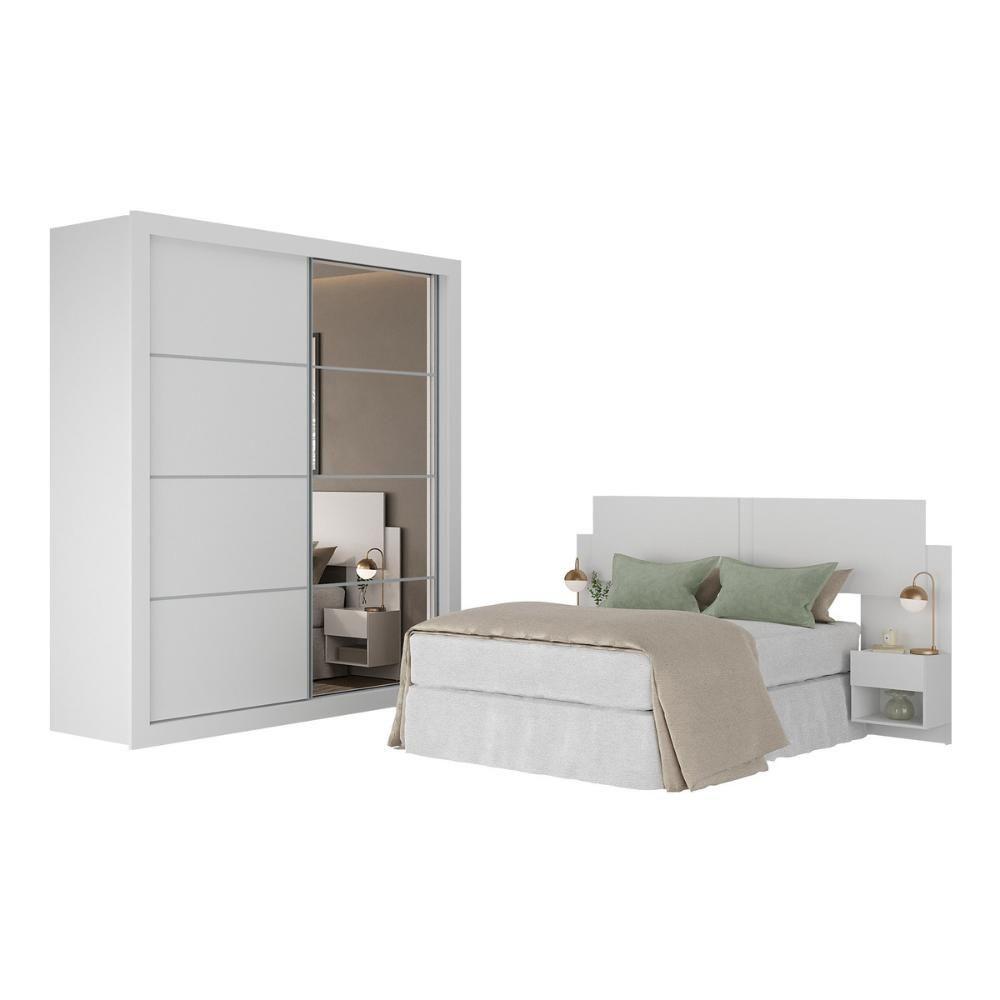 Guarda Roupas Casal Espelho E Cabeceira Com 2 Mesas De Cabeceira Multimóveis MP4327 Branco - 1