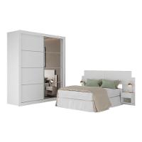Guarda Roupas Casal Espelho E Cabeceira Com 2 Mesas De Cabeceira Multimóveis MP4327 Branco - 1