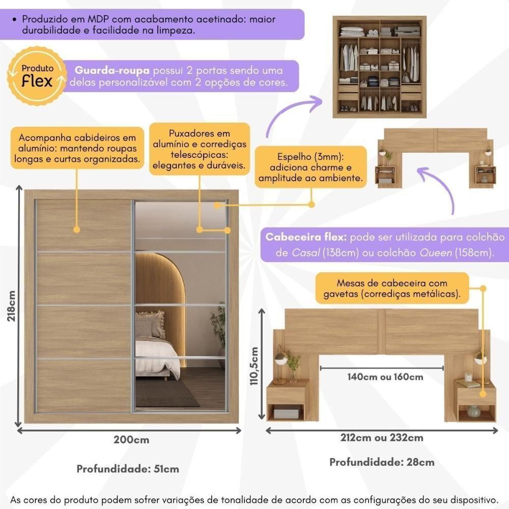Guarda Roupas Casal Espelho E Cabeceira Com 2 Mesas De Cabeceira Multimóveis MP4327 Madeirado - 7