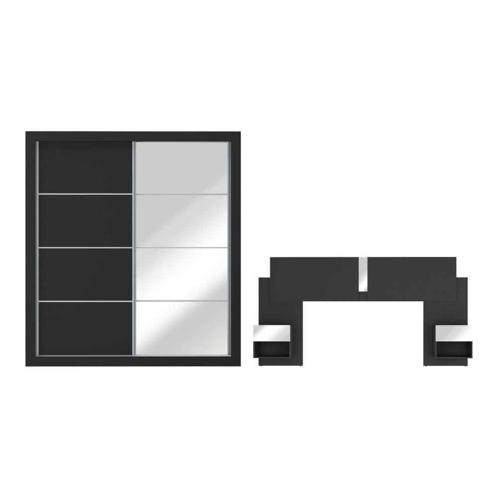 Guarda Roupas Casal E Cabeceira Com 2 Mesas De Cabeceira E Espelhos Multimóveis MP4328 Preto - 2