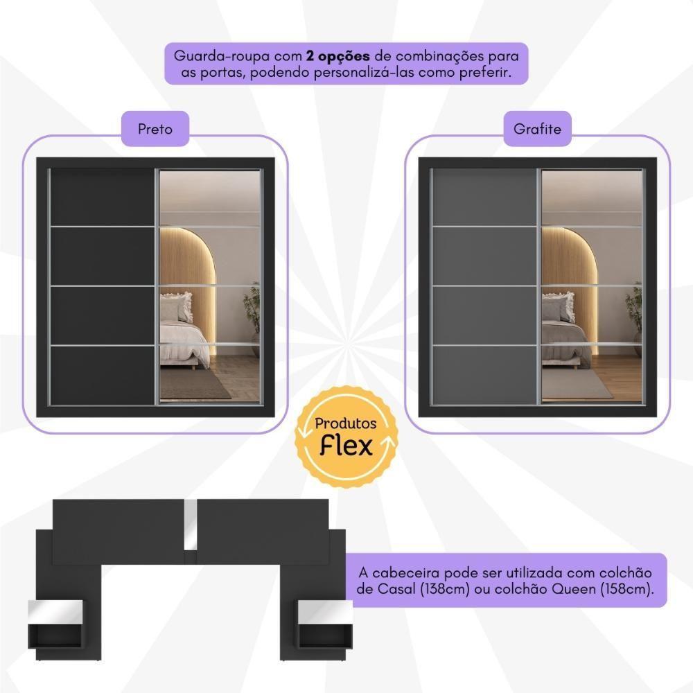 Guarda Roupas Casal E Cabeceira Com 2 Mesas De Cabeceira E Espelhos Multimóveis MP4328 Preto - 3