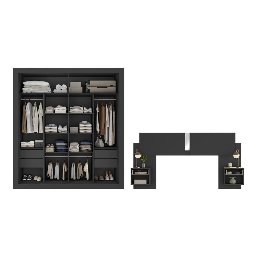 Guarda Roupas Casal E Cabeceira Com 2 Mesas De Cabeceira E Espelhos Multimóveis MP4328 Preto - 4