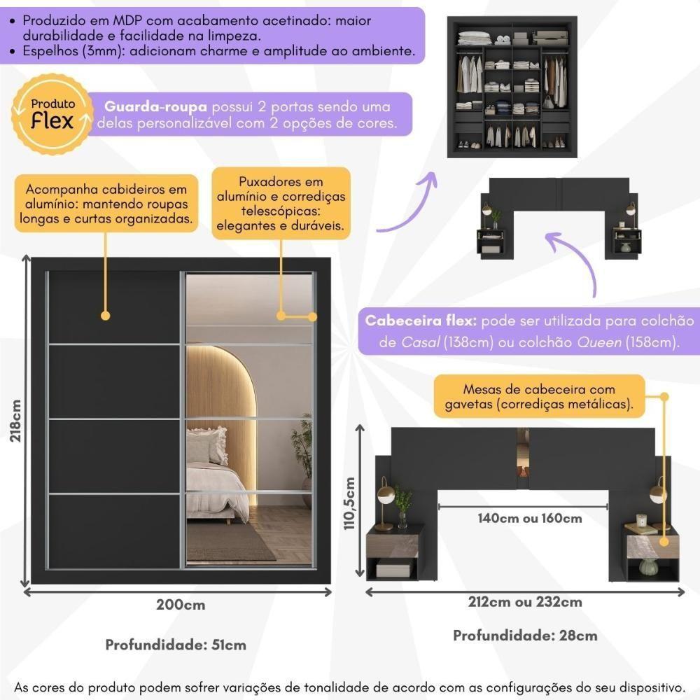Guarda Roupas Casal E Cabeceira Com 2 Mesas De Cabeceira E Espelhos Multimóveis MP4328 Preto - 6
