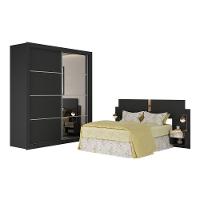 Guarda Roupas Casal E Cabeceira Com 2 Mesas De Cabeceira E Espelhos Multimóveis MP4328 Preto - 1