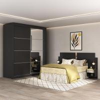 Guarda Roupas Casal E Cabeceira Com 2 Mesas De Cabeceira E Espelhos Multimóveis MP4328 Preto - 7