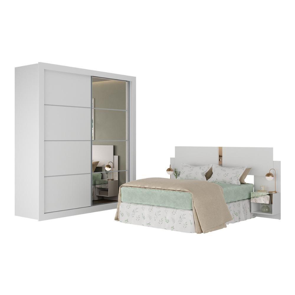 Guarda Rroupas Casal E Cabeceira Com 2 Mesas De Cabeceira E Espelhos Multimóveis MP4328 Branco - 1