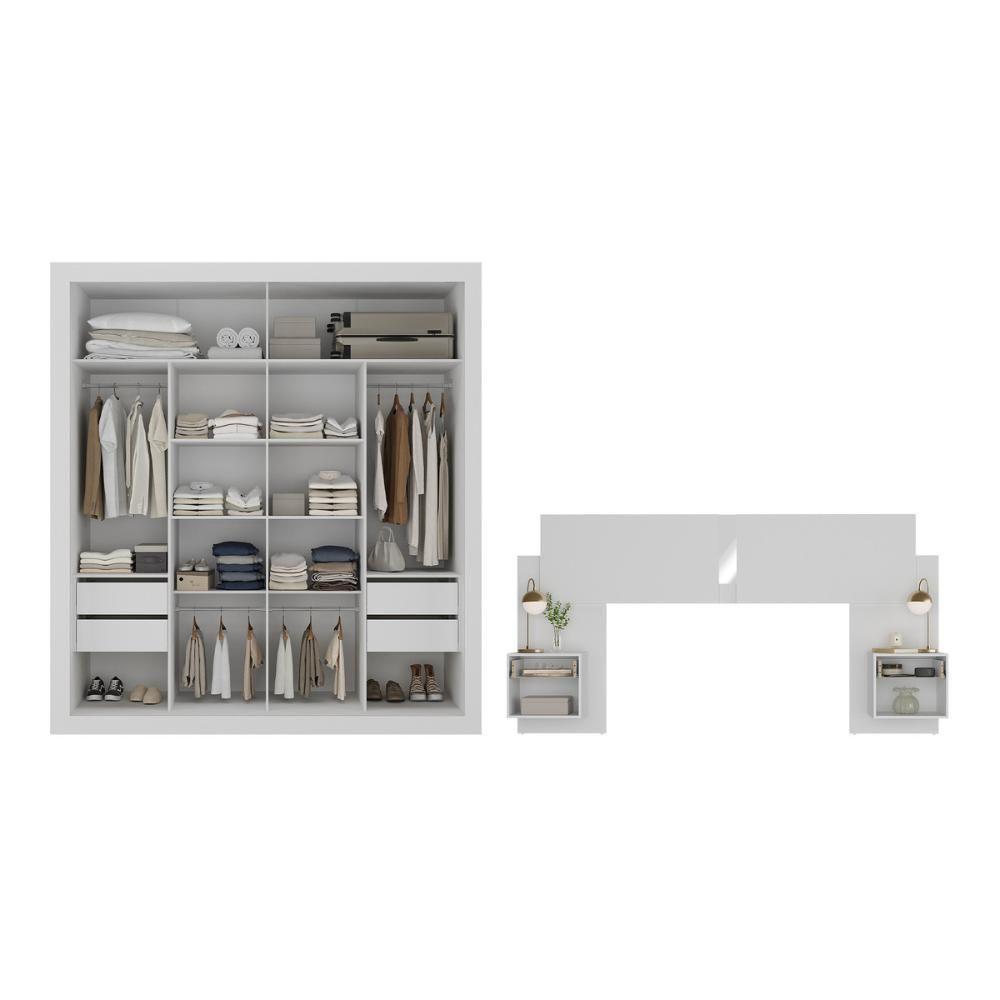 Guarda Rroupas Casal E Cabeceira Com 2 Mesas De Cabeceira E Espelhos Multimóveis MP4328 Branco - 4