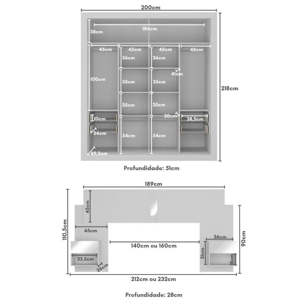 Guarda Rroupas Casal E Cabeceira Com 2 Mesas De Cabeceira E Espelhos Multimóveis MP4328 Branco - 5