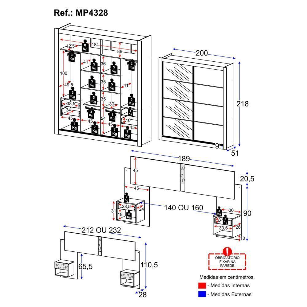 Guarda Rroupas Casal E Cabeceira Com 2 Mesas De Cabeceira E Espelhos Multimóveis MP4328 Branco - 8