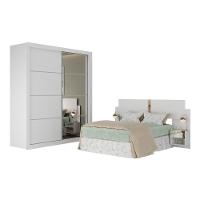 Guarda Rroupas Casal E Cabeceira Com 2 Mesas De Cabeceira E Espelhos Multimóveis MP4328 Branco - 1
