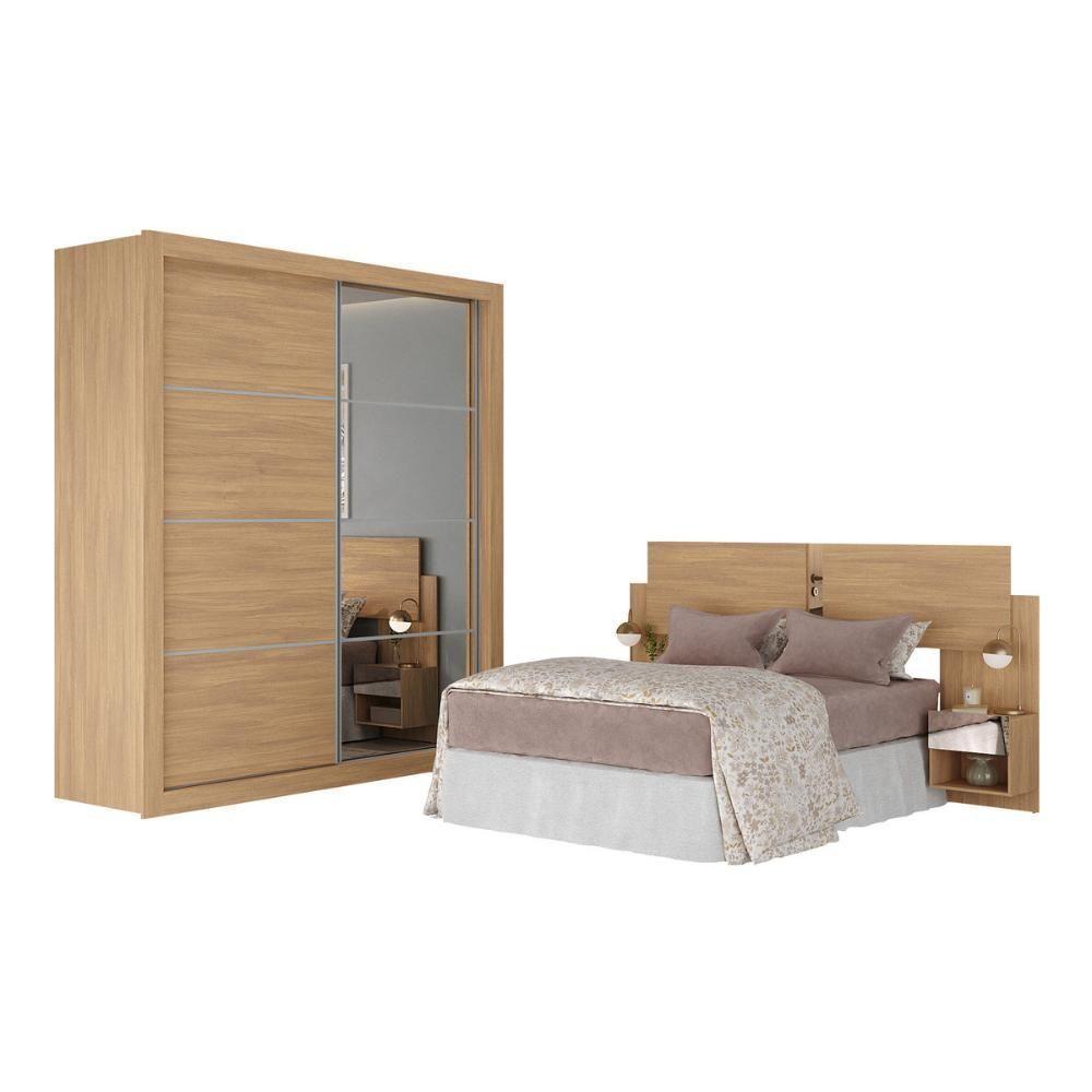 Guarda Roupas Casal E Cabeceira Com 2 Mesas De Cabeceira E Espelhos Multimóveis MP4328 Madeirado - 1