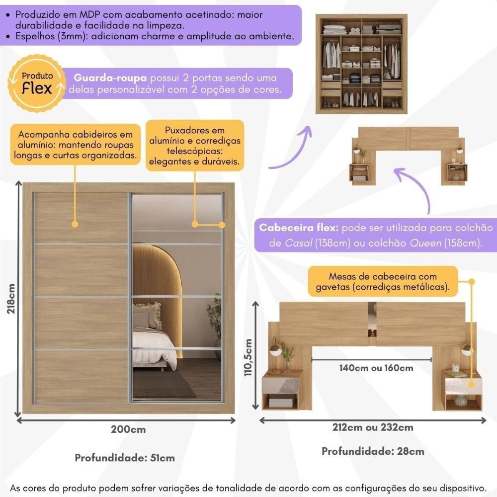 Guarda Roupas Casal E Cabeceira Com 2 Mesas De Cabeceira E Espelhos Multimóveis MP4328 Madeirado - 3