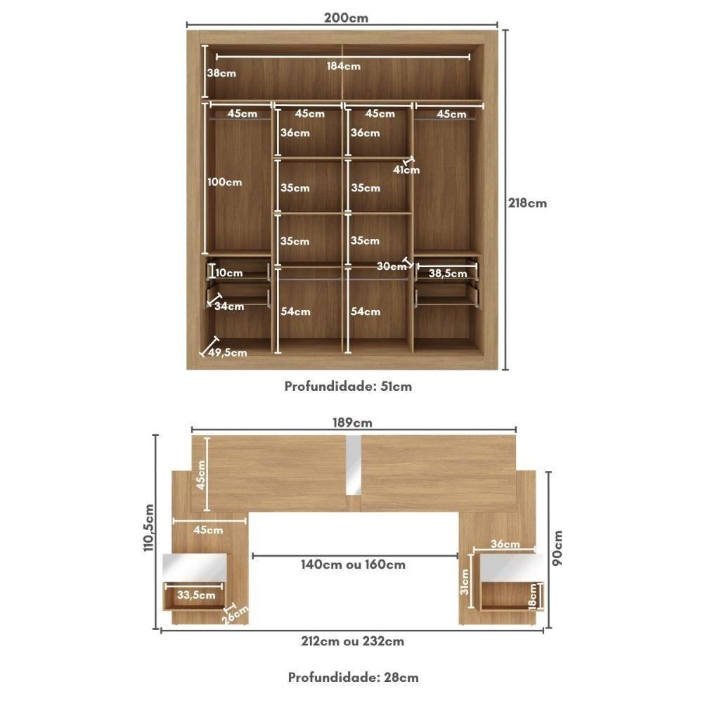 Guarda Roupas Casal E Cabeceira Com 2 Mesas De Cabeceira E Espelhos Multimóveis MP4328 Madeirado - 5