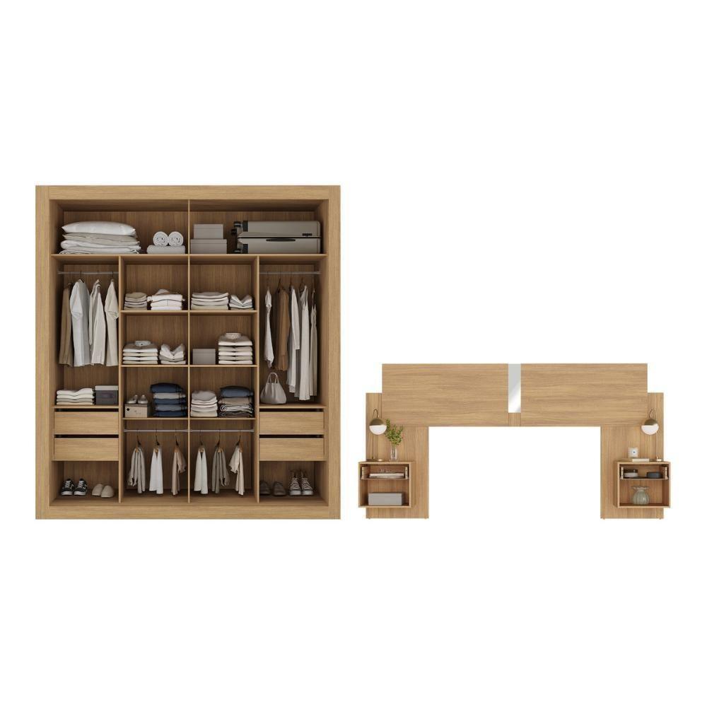 Guarda Roupas Casal E Cabeceira Com 2 Mesas De Cabeceira E Espelhos Multimóveis MP4328 Madeirado - 7