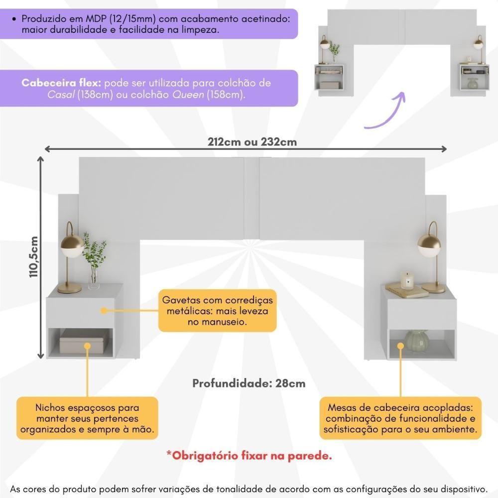 Cabeceira Casal Queen Com 2 Mesas De Cabeceira 232cm Multimóveis MP4325 Branco - 5