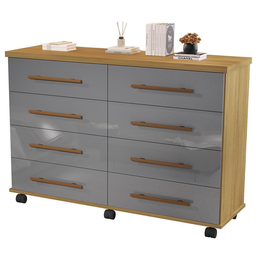 Cômoda Quarto Jade Com 08 Gavetas E Rodízios Cinza-mel Cinza-mel - 1