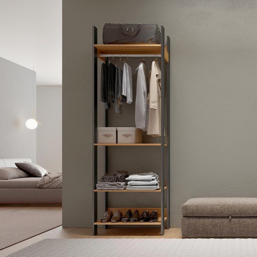 Closet Guarda Roupa Cabideiro 04 Prateleiras Modulado 220x73 Cm Leaf D03 Freijó Preto - Lyam Decor - 3