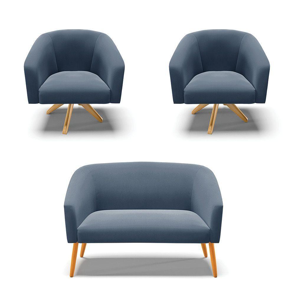Kit 1 Namoradeira E 2 Poltronas Azul Marinho Base Madeira - 1