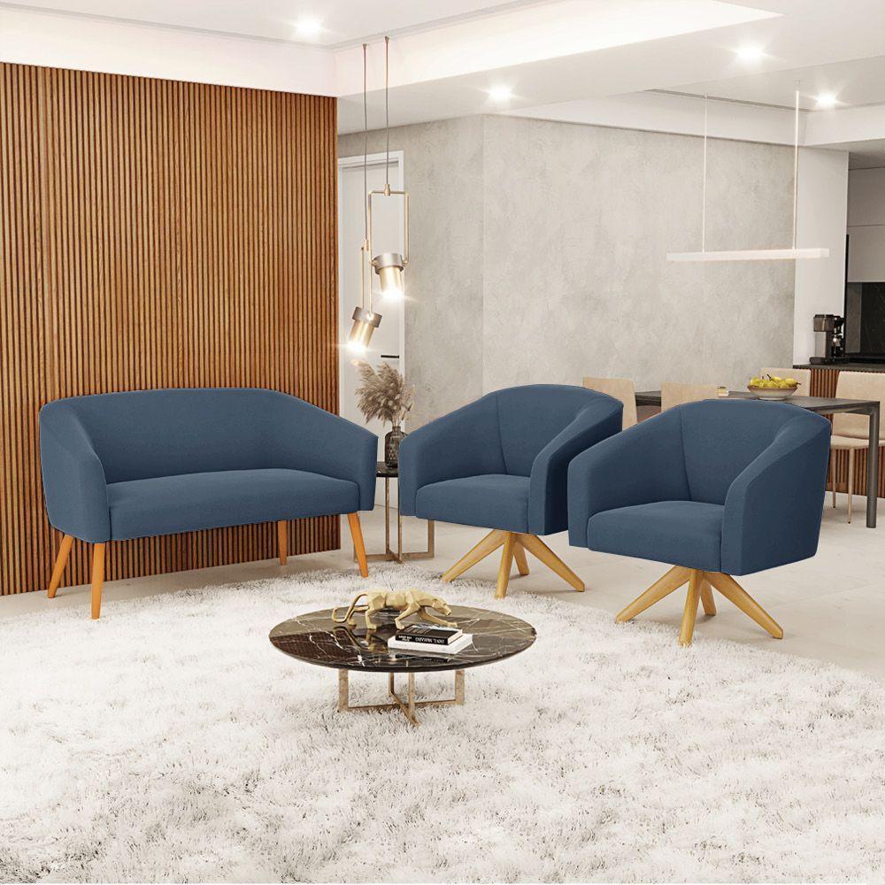 Kit 1 Namoradeira E 2 Poltronas Azul Marinho Base Madeira - 8