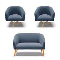 Kit 1 Namoradeira E 2 Poltronas Azul Marinho Base Madeira - 1