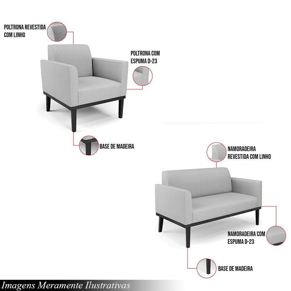 Conjunto 2 Poltronas E 1 Namoradeira Decorativa Pés Fixo Em Madeira Preto Linho Cinza - 6