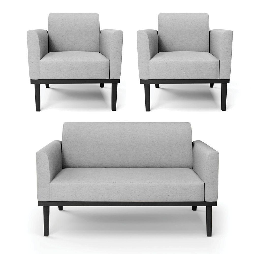 Conjunto 2 Poltronas E 1 Namoradeira Decorativa Pés Fixo Em Madeira Preto Linho Cinza - 7