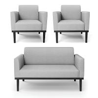 Conjunto 2 Poltronas E 1 Namoradeira Decorativa Pés Fixo Em Madeira Preto Linho Cinza - 7