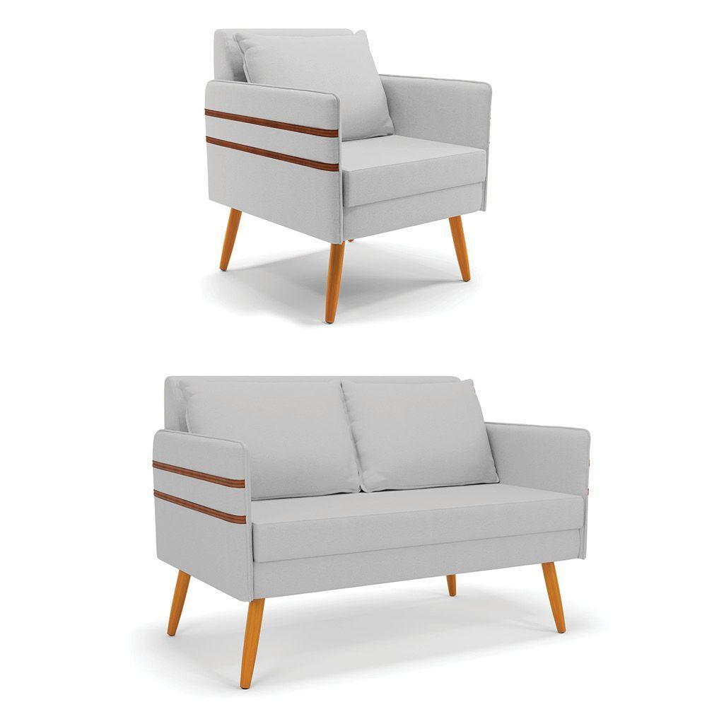 Kit 01 Namoradeira E 01 Poltrona Linho Castanho A05 Cinza - 1