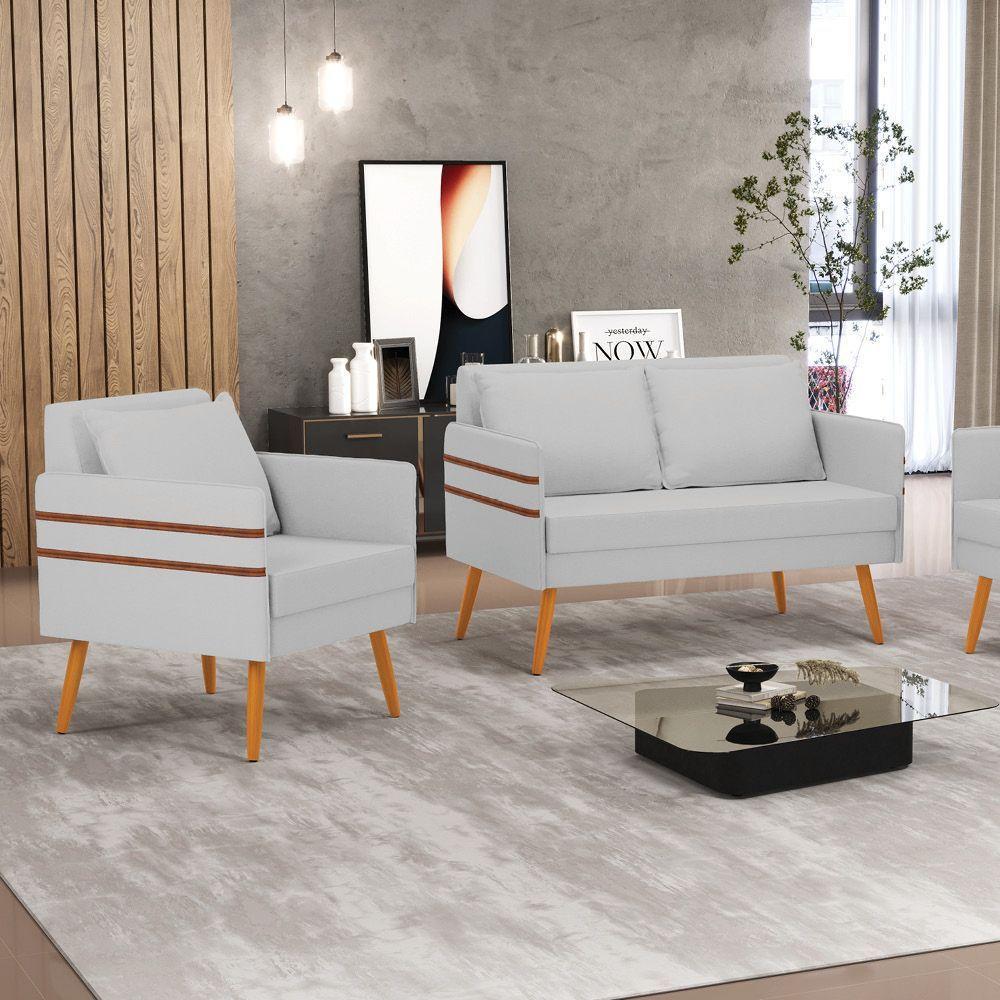 Kit 01 Namoradeira E 01 Poltrona Linho Castanho A05 Cinza - 6