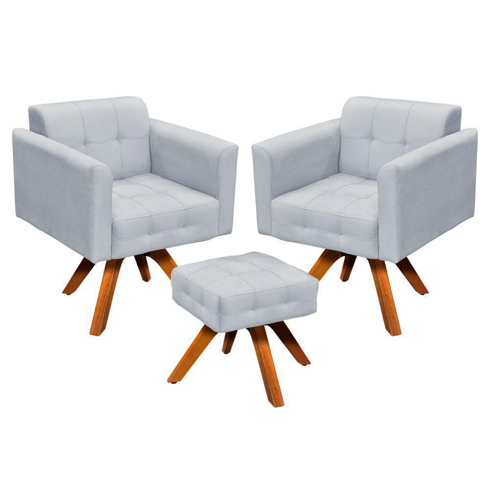 Kit 02 Poltronas Giratória Elisa E 01 Puff Suede Base Madeira - 1