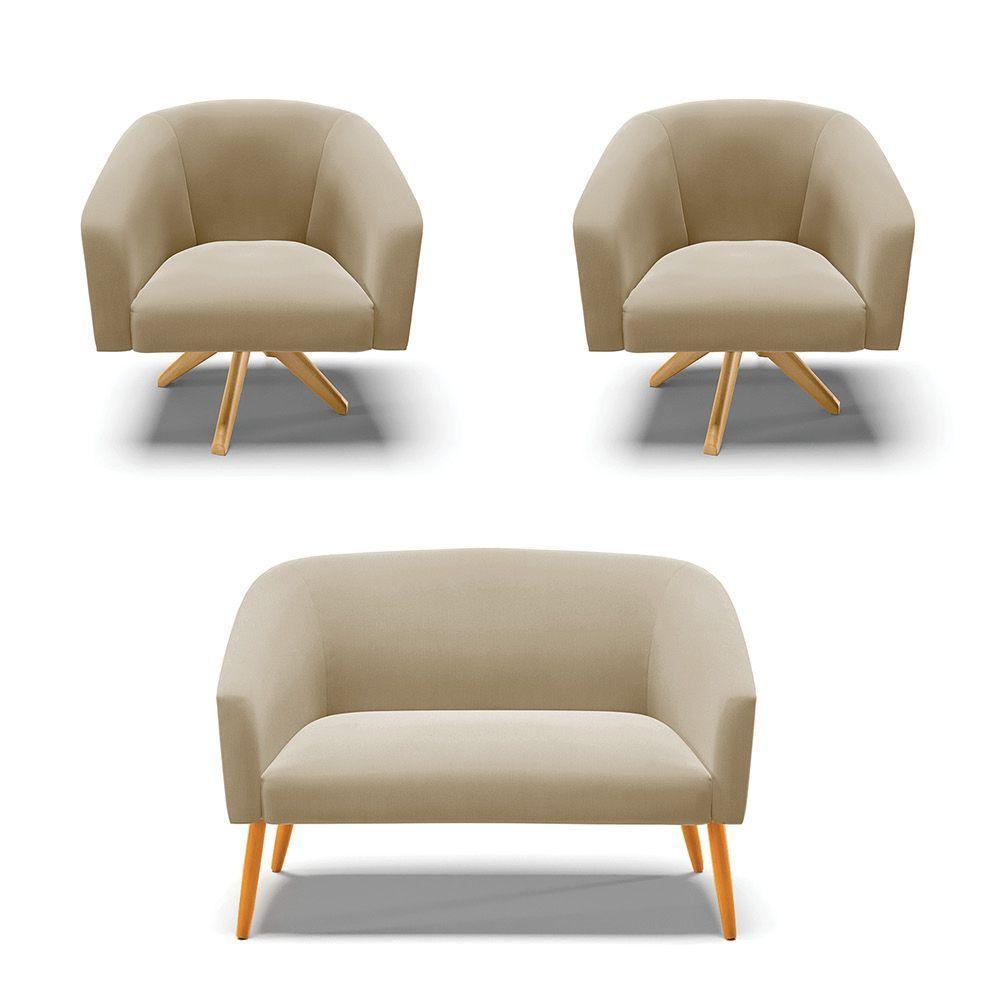 Kit 1 Namoradeira E 2 Poltronas Base Madeira Marrom Rato - 1