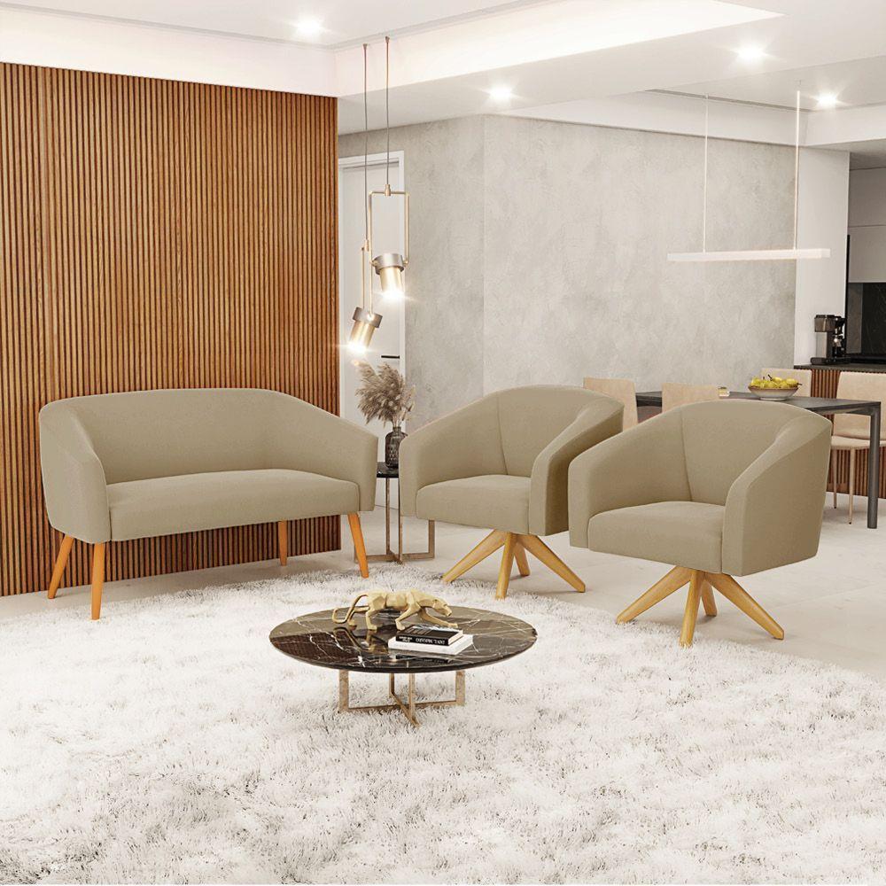 Kit 1 Namoradeira E 2 Poltronas Base Madeira Marrom Rato - 8