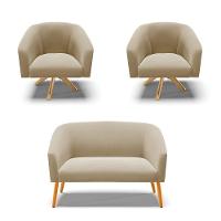 Kit 1 Namoradeira E 2 Poltronas Base Madeira Marrom Rato - 1