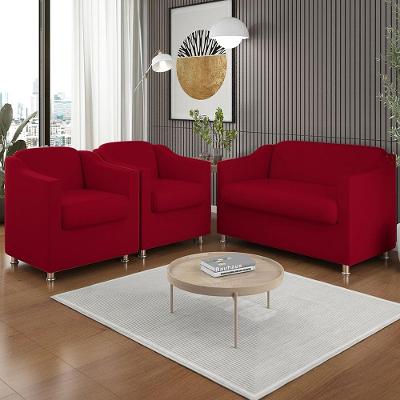 Kit 2 Poltronas e Namoradeira Tilla Suede Vermelho Balaqui Decor