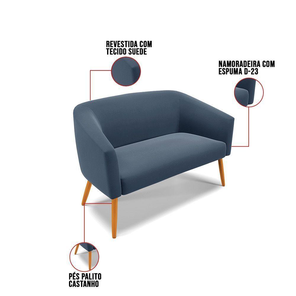 Kit 1 Namoradeira E 2 Poltronas Base Madeira Azul Marinho - 5