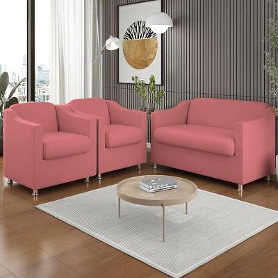 Kit 2 Poltronas e Namoradeira Tilla Sala de Estar Suede Rosa Balaqui Decor