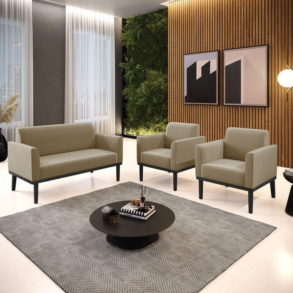 Conjunto 2 Poltronas E 1 Namoradeira Decorativa Pés Fixo Em Madeira Preto Suede Nude - 7