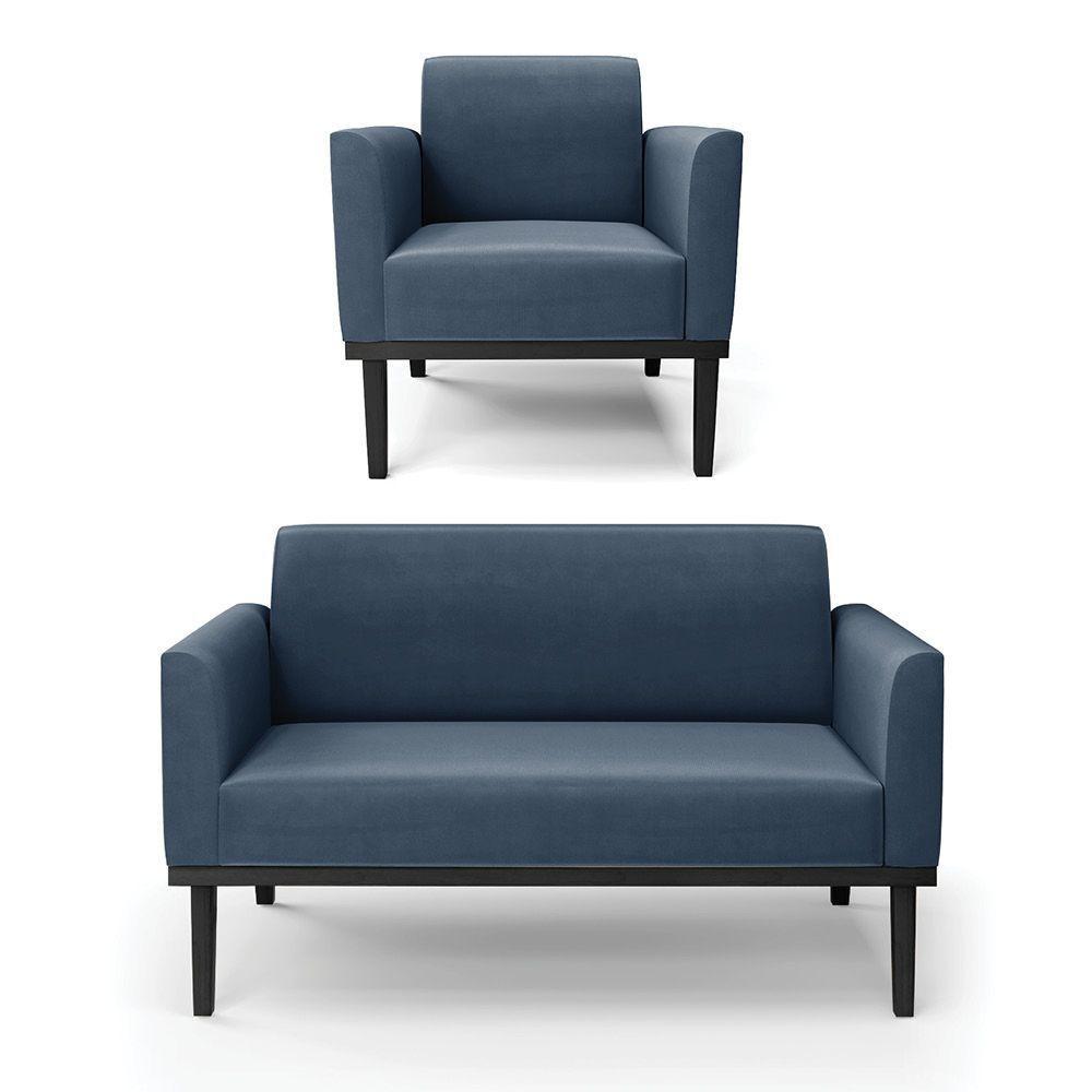 Conjunto Poltrona E Namoradeira Decorativa Pés Fixo Em Madeira Preto Suede Azul Marinho - 7