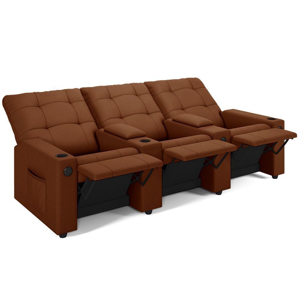 Poltrona Reclinável Para Cinema Parma 3 Lugares Baú Usb Veludo Fh1 - D'rossi Cor Terracota - 5