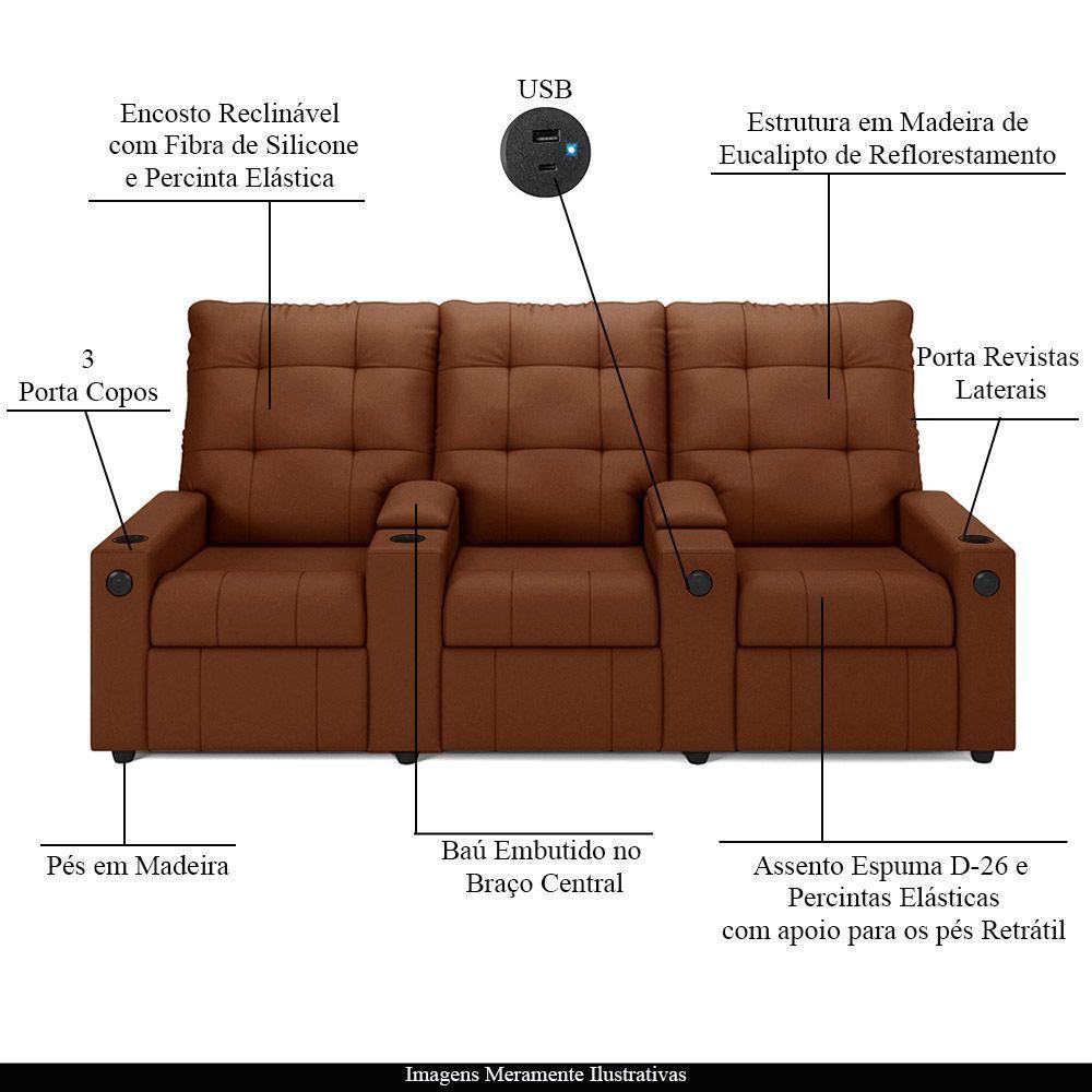 Poltrona Reclinável Para Cinema Parma 3 Lugares Baú Usb Veludo Fh1 - D'rossi Cor Terracota - 6