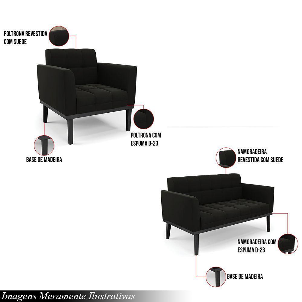 Conjunto 2 Poltronas E 1 Namoradeira Decorativa Pés Fixo Em Madeira Preto Suede Preto - 8